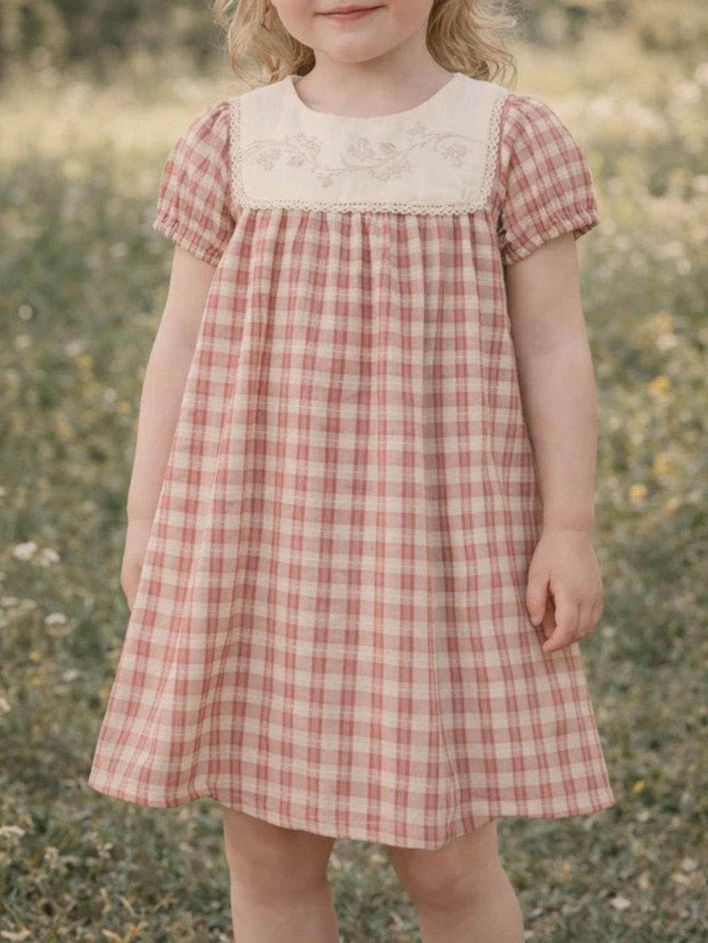 Maniere Vintage-Inspired Girls' Pink Plaid Dress with Embroidered Yoke